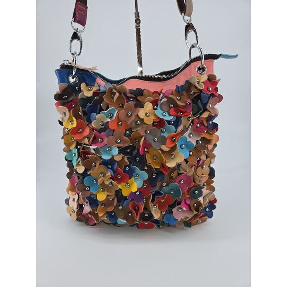 H2Z Boho 3D Flower Hippie Leather MultiColor Studded Crossbody Purse Colorful - Picture 15 of 15